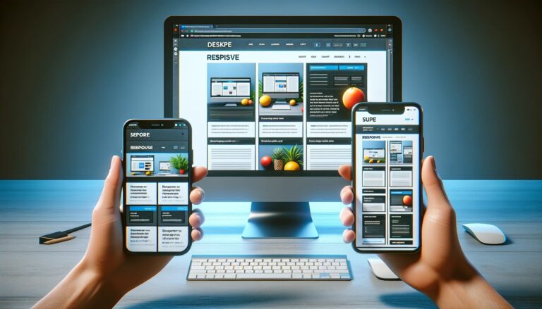 dall e 2024 01 31 18.56.22 create a hyper realistic photo showing a responsive website design concept. the top section should depict an actual desktop computer with a monitor sh